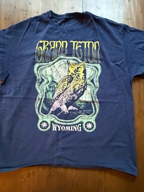 Grand Teton Wyoming Kid Dangerous 100% Cotton Navy Blue Tee with Owl Graphic